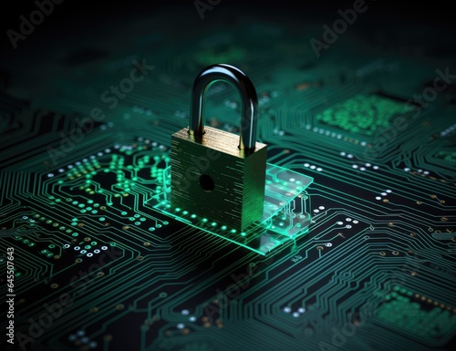 Padlock on circuit board, concept of data security, privacy and antivirus. Generative AI