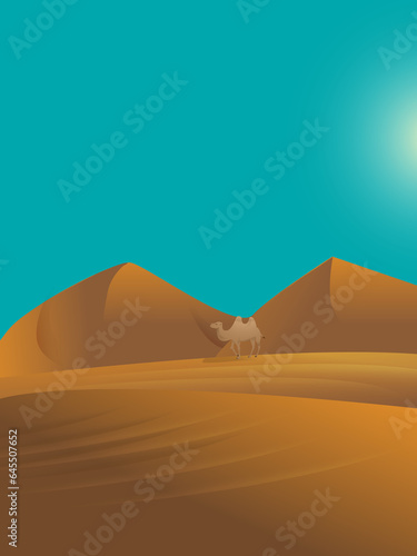 camel illustration in a desert. dunes and blue sky. scenery of sand and hot sun. desert landscape