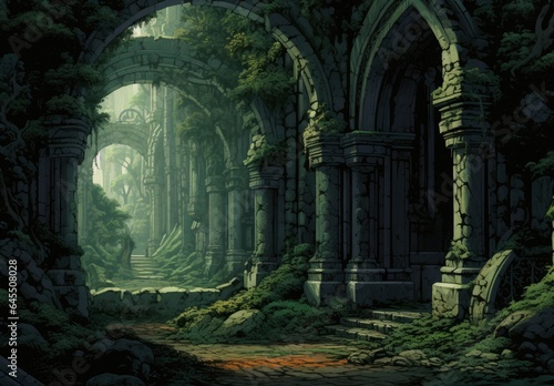 Landscape with ruins of a medieval castle  anime style  greenish tones. Generative AI