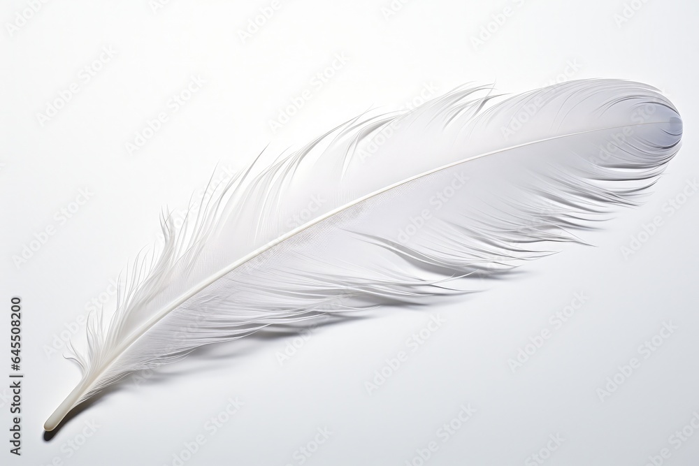 White bird feather on white background. Generative AI White bird feather on white background. Generative AI