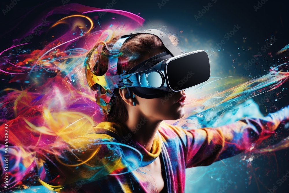 A young girl with virtual reality glasses, conceptual vibrant colors. Generative AI A young girl with virtual reality glasses, conceptual vibrant colors. Generative AI