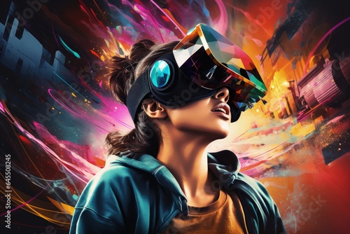 A young girl with virtual reality glasses, conceptual vibrant colors. Generative AI