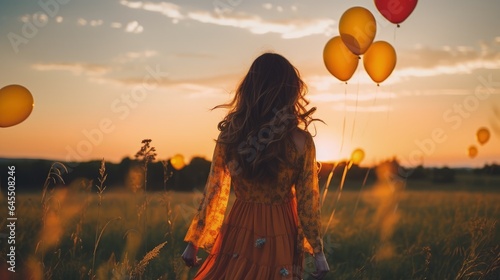 Landscape with beautiful woman amid balloons, lifestyle concept. Generative AI