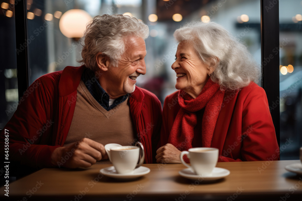 Cheerful senior couple having coffee together in a cafe