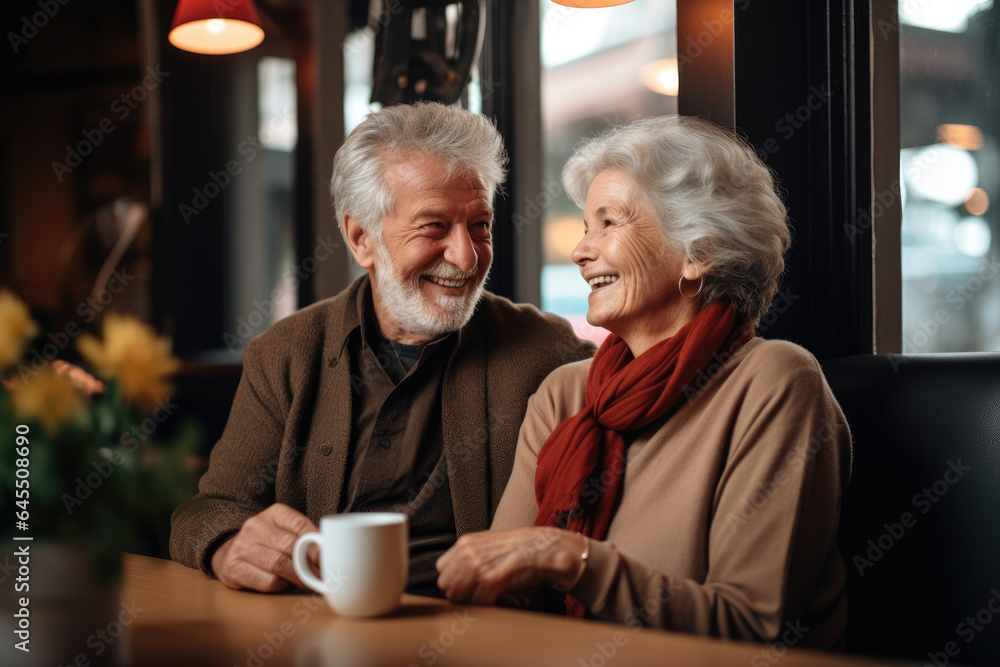 Cheerful senior couple having coffee together in a cafe Cheerful senior couple having coffee together in a cafe