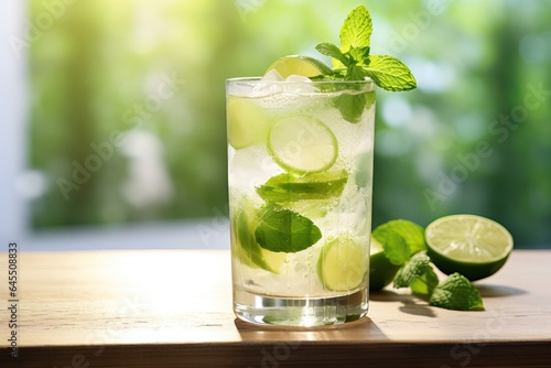 Mojito cocktail on a wooden table. Beautiful background with bokeh. Summer sunny day