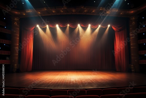 Empty theater stage. Beautiful stage lights. Bright background.
