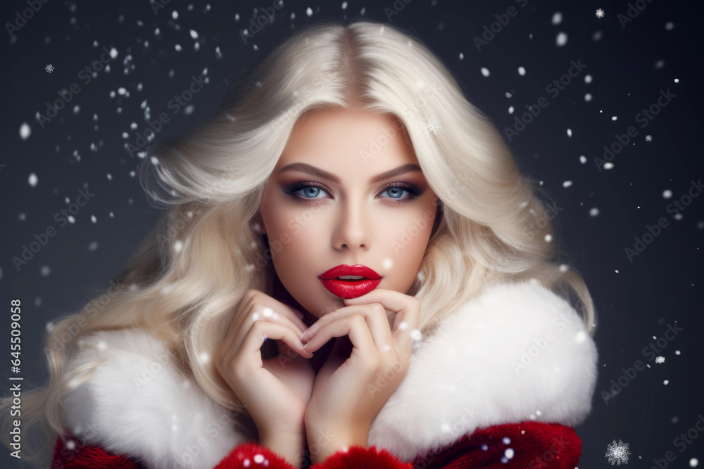Beautiful girl with glamorous make up and red lipps. Winter colors Beautiful girl with glamorous make up and red lipps. Winter colors