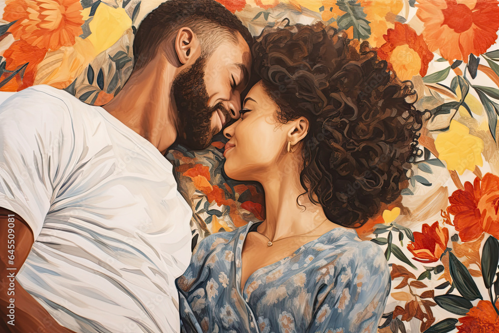 Interracial couple lying in bed kissing and relaxing Interracial couple lying in bed kissing and relaxing