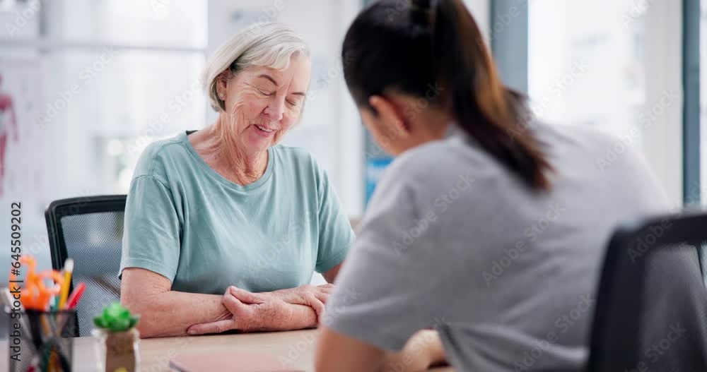 Talking, senior and a woman with a doctor for a consultation, healthcare and advice in an office. Medicine, planning and an elderly person or patient with a medical employee with feedback or notes Talking, senior and a woman with a doctor for a consultation, healthcare and advice in an office. Medicine, planning and an elderly person or patient with a medical employee with feedback or notes