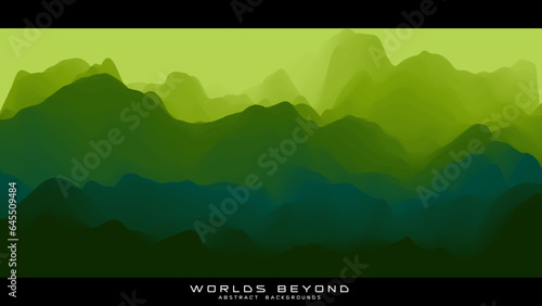 Abstract green landscape with misty fog till horizon over mountain slopes. Gradient eroded terrain surface. Worlds beyond.