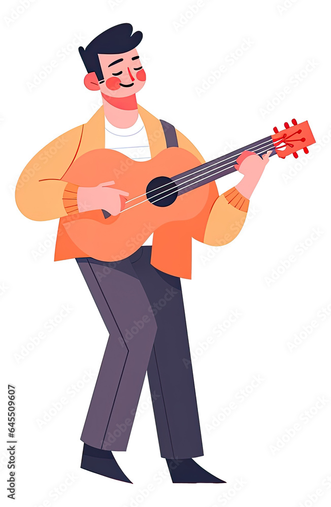 Young man playing guitar cartoon isolated.