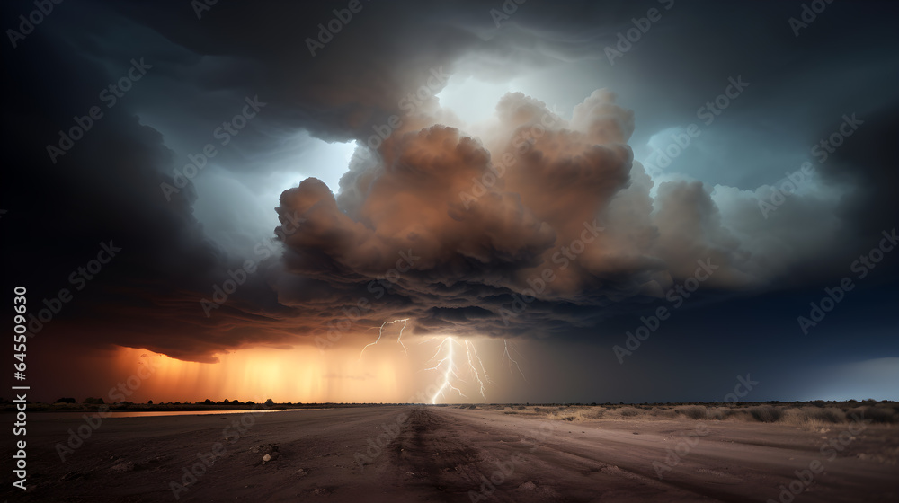 a lightning storm with dramatic clouds over a desert area - generative AI