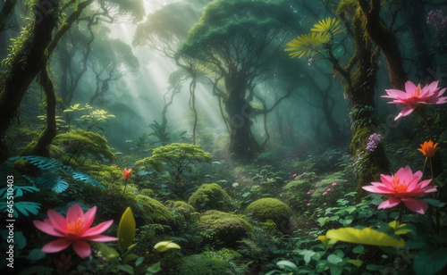 A mysterious forest with blooming outer space flowers. © Creative_Bringer