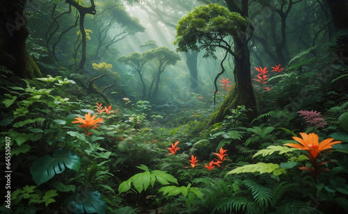 A mysterious forest with blooming outer space flowers.