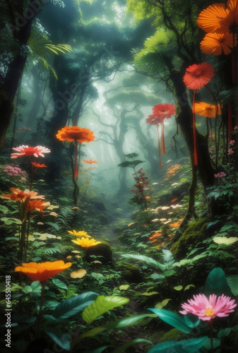 A mysterious forest with blooming outer space flowers.