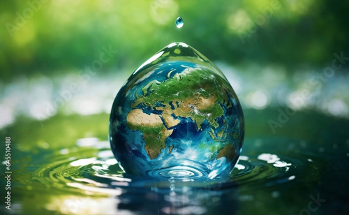 Globe of the world inside a water drop with nature background.