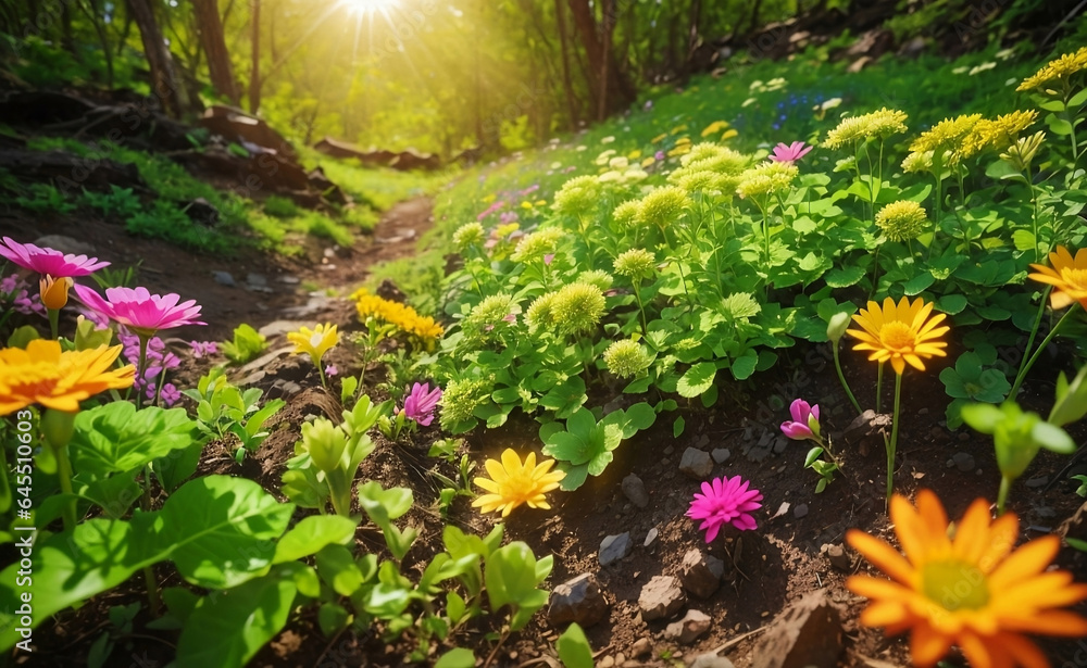 Fototapeta premium A blooming flowers field with beautiful nature background.