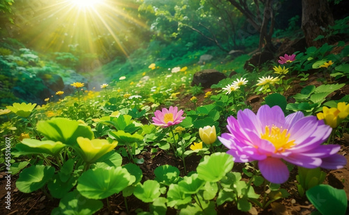 A blooming flowers field with beautiful nature background.