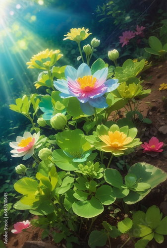 A blooming flowers field with beautiful nature background.