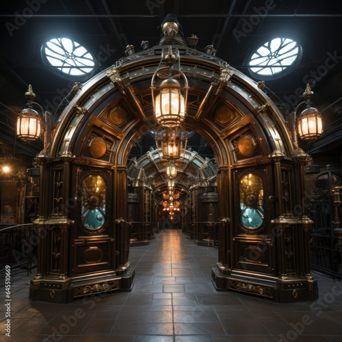 a door flanked by radiant tubes in a steampunk 