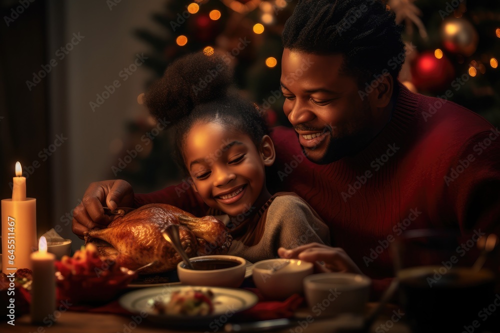 father and black daughter enjoying thanksgiving dinner father and black daughter enjoying thanksgiving dinner