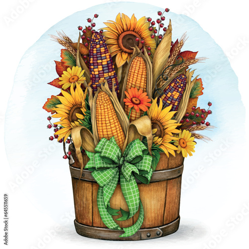 watercolor hand drawn wooden bucket with corn and sunflowers