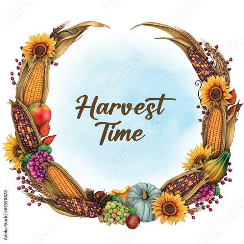 watercolor harvest time corn cobs and fall fruits wreath