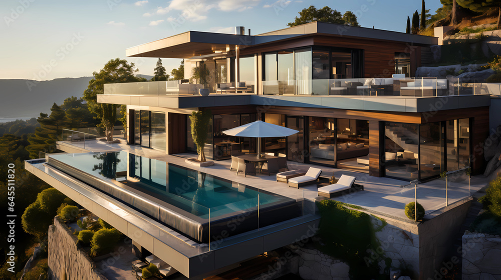 Fototapeta premium a photography modern villa with terrace taken with a drone