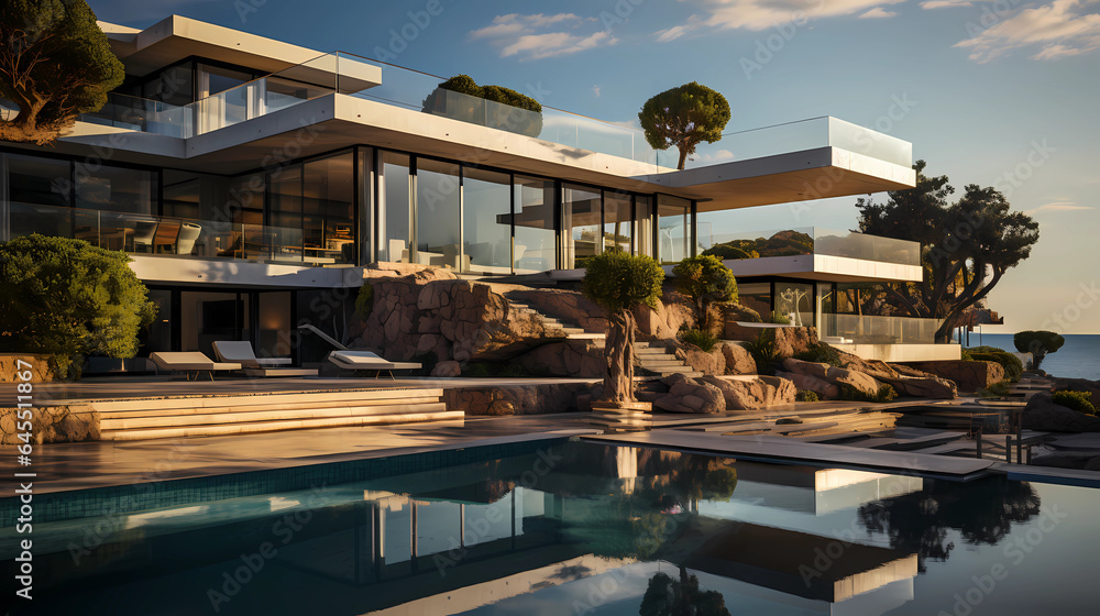 Fototapeta premium a photography modern villa with terrace taken with a drone