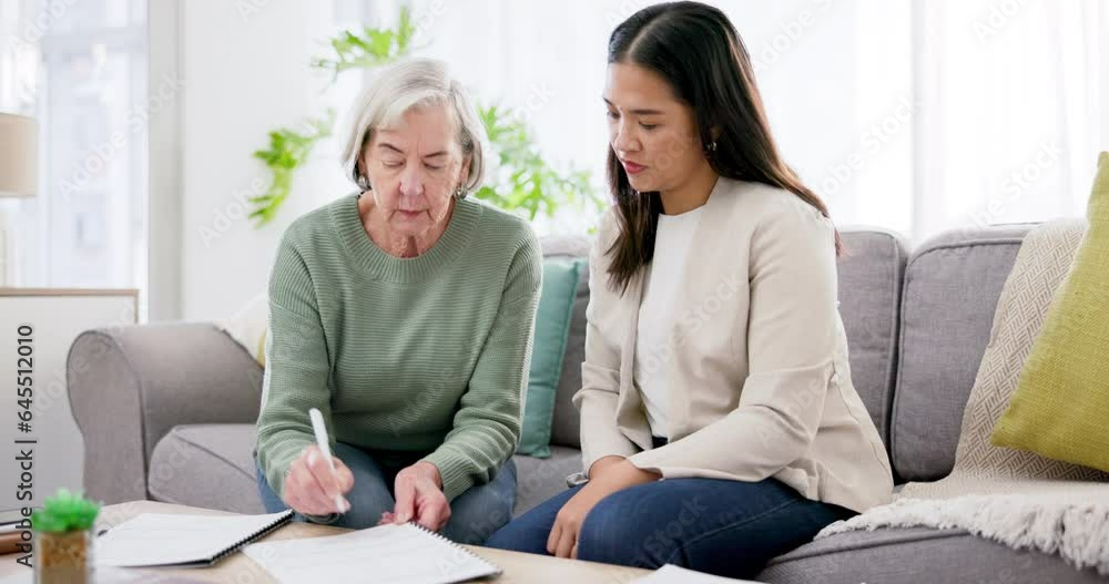 Signature, woman and senior with finance and documents for life insurance, mortgage loan or retirement investment on sofa in home. Accounting, people and financial budget for asset management or tax Signature, woman and senior with finance and documents for life insurance, mortgage loan or retirement investment on sofa in home. Accounting, people and financial budget for asset management or tax