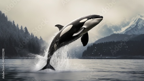 a majestic orca leaping gracefully out of the water, its black and white markings and powerful presence frozen in high resolution