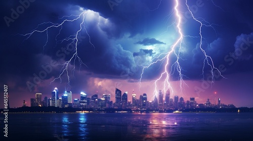 a massive lightning storm over a city skyline, with bolts of electricity illuminating the night and the electrifying display frozen