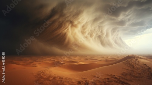 a massive sandstorm engulfing a desert landscape, with swirling clouds of sand and the eerie beauty of this natural