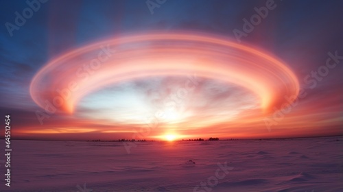 a mesmerizing and vibrant meteorological phenomenon known as a "sundog," with colorful atmospheric halos and the celestial beauty frozen