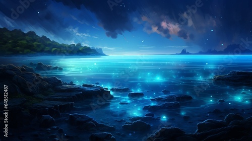 a mesmerizing bioluminescent bay at night, with the water glowing with ethereal blue light