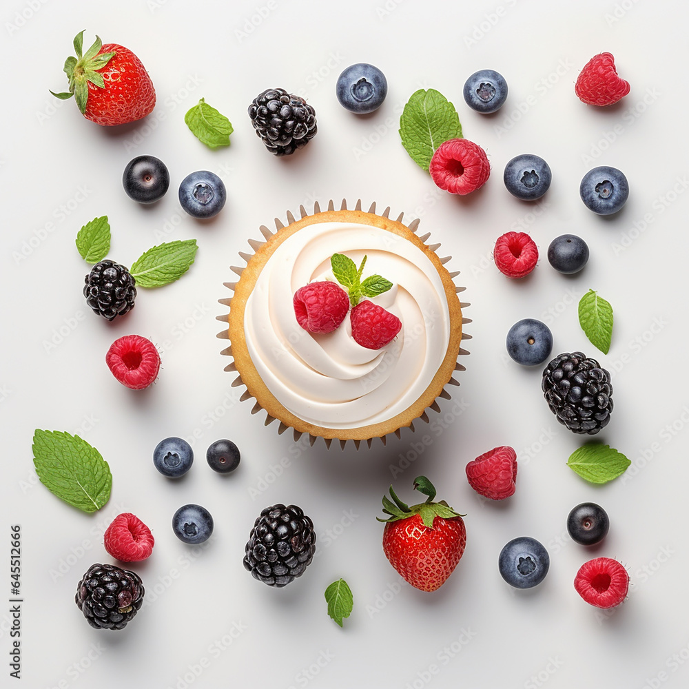 AI. Cupcake with cream decorated with berries, blueberries, raspberries and blueberries on a white plate on a light background AI. Cupcake with cream decorated with berries, blueberries, raspberries and blueberries on a white plate on a light background