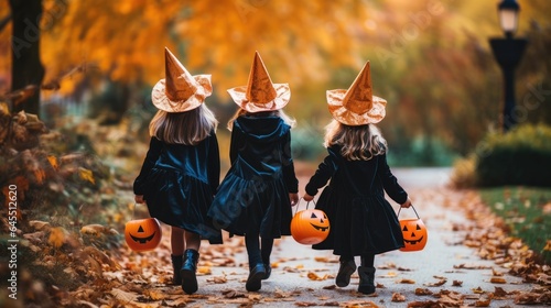 Happy brother and two sisters on Halloween. Funny children in carnival costumes indoors. Cheerful children play with pumpkins and candies.