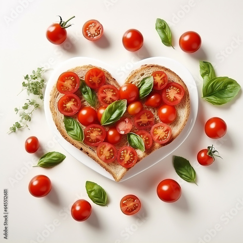 AI. Sandwich for Valentine's Day in shape of a heart. Toasted avocado toast with cut cherry tomatoes, spices and basil on a white plate. Delicious, healthy and healthy food