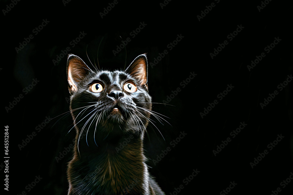 Black Cat potrait with plain black background and copyspace