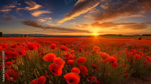 Landscape with nice sunset over poppy field, AI Generative.