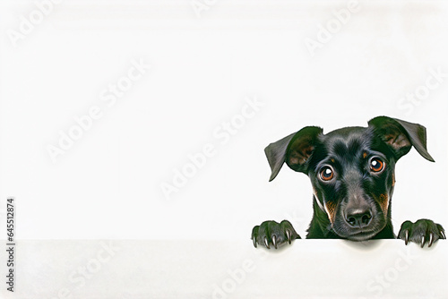 Dog peeking over a wall copyspace plain white background  Generative AI