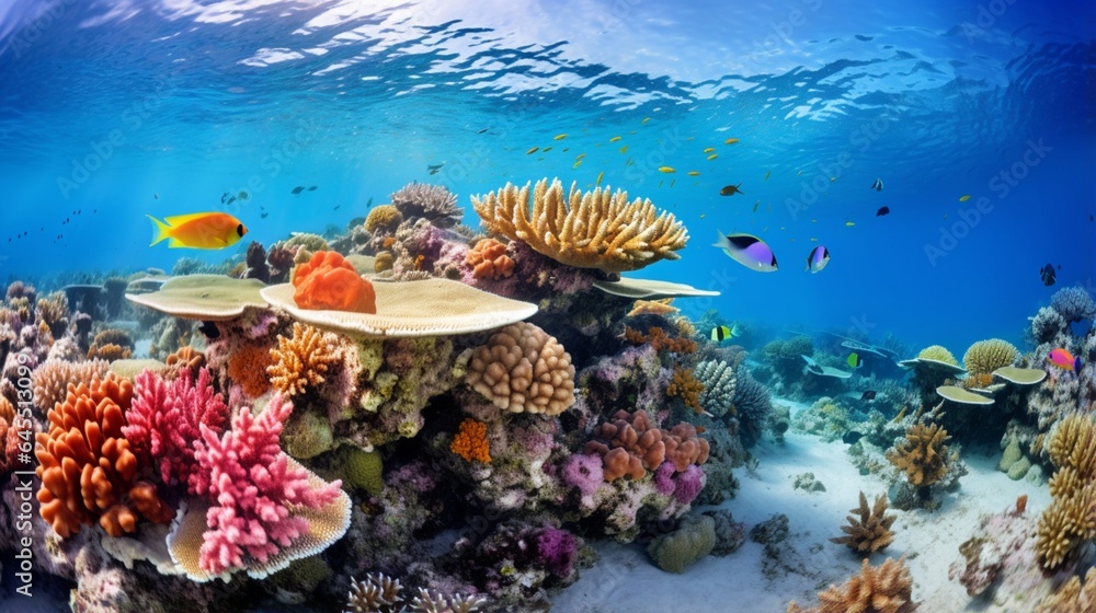 a serene and colorful coral bleaching event on a tropical reef, with corals displaying vibrant colors as they undergo this natural process - obrazy, fototapety, plakaty 