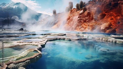 a serene and colorful geothermal hot spring, with vibrant mineral deposits and steam rising from the crystal-clear waters