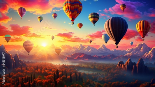 a serene and colorful hot air balloon festival, with balloons taking flight against a vibrant sunrise or sunset sky
