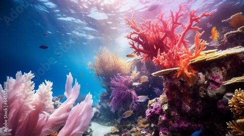 a serene and colorful coral bleaching event on a tropical reef, with corals displaying vibrant colors as they undergo this natural process © Muhammad