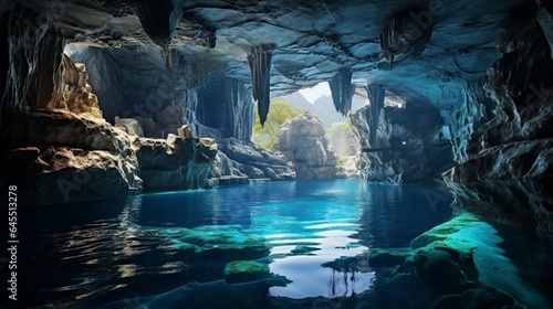 a serene and untouched underwater cave, with a crystal-clear pool and intricate rock formations © Muhammad