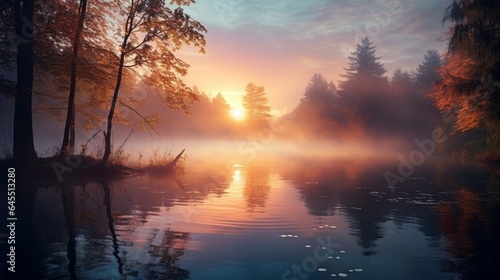 a serene autumn lake at sunrise, with mist rising from the water's surface, and the first light of day casting a magical glow over the scene