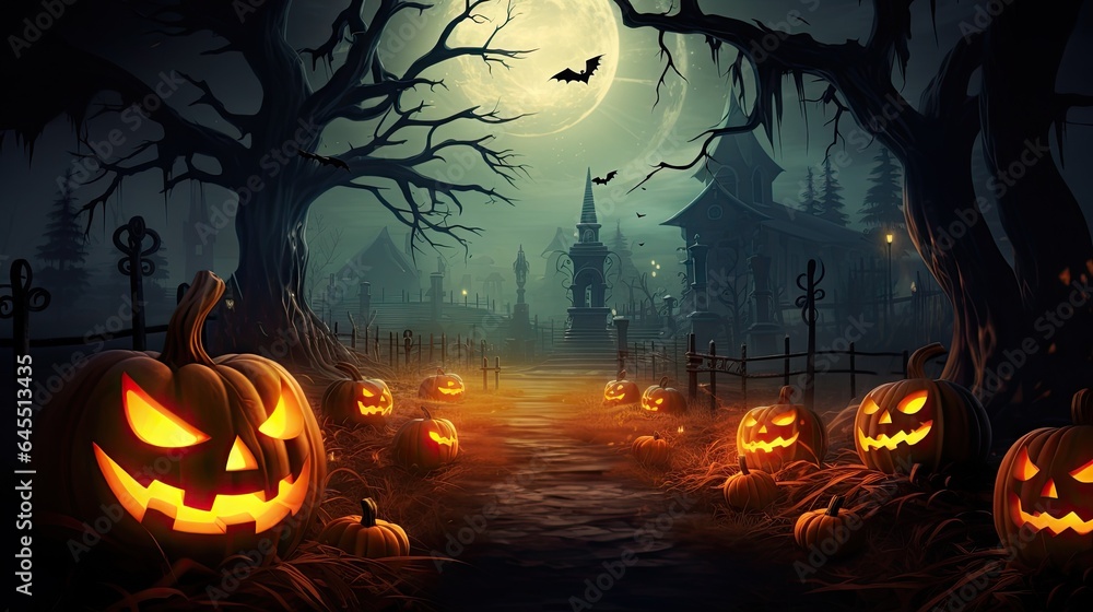 Pumpkins in a graveyard on a spooky night - Halloween background