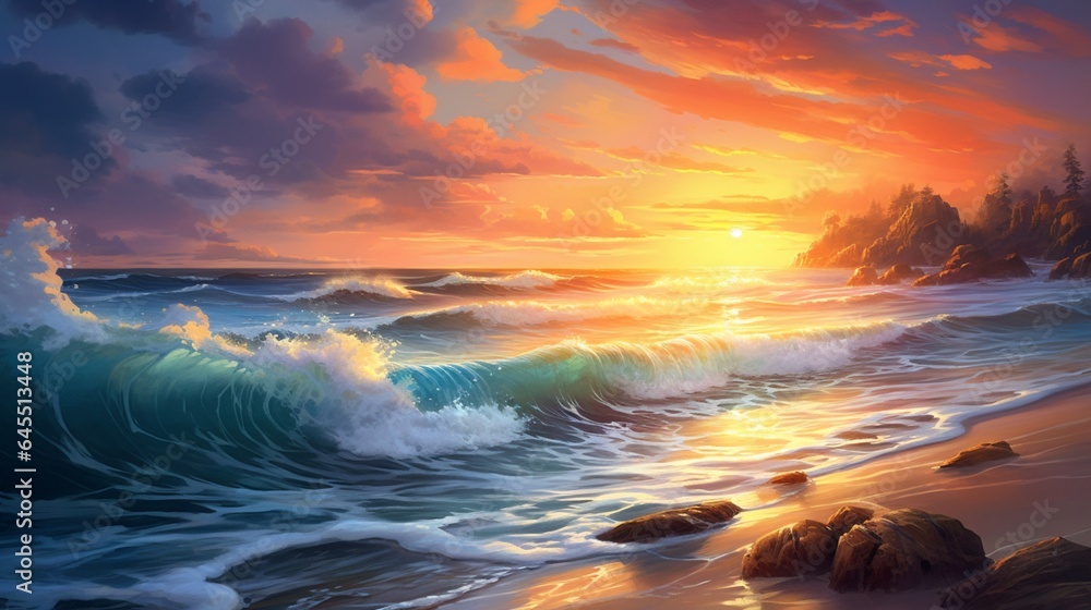 a tranquil beach at sunset, with waves gently washing ashore and the sun setting in a fiery display of colors